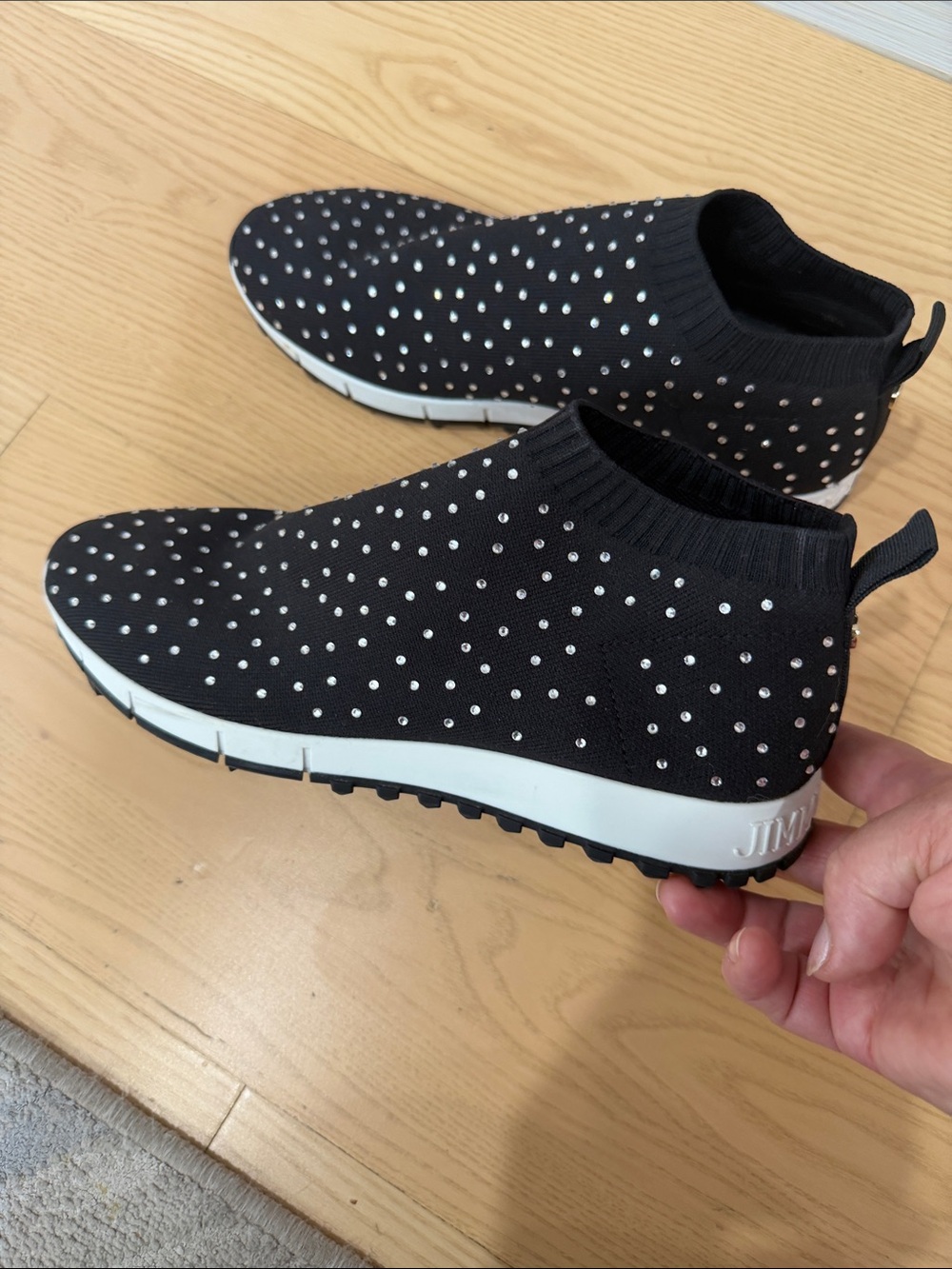 Jimmy Choo Black Knit Rhinestone Heel-Logo Sock Sneaker